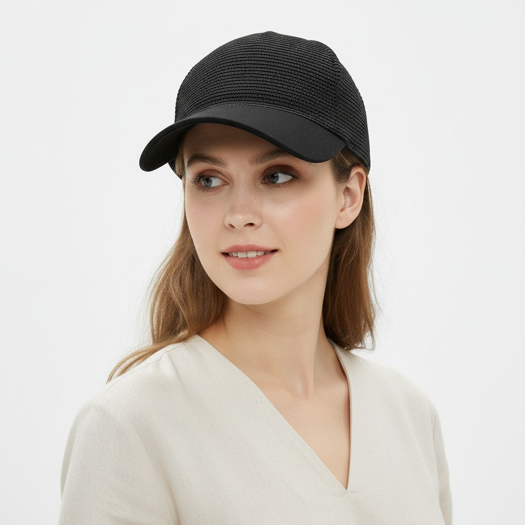 Women Straw Baseball Cap Woven Crown Fabric Brim Lightweight Breathable Summer Hat