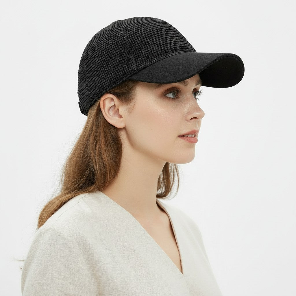 Women Straw Baseball Cap Woven Crown Fabric Brim Lightweight Breathable Summer Hat
