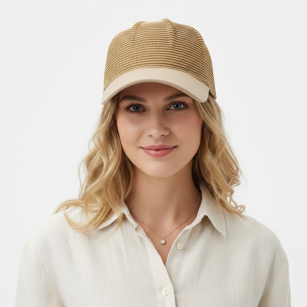 Women Straw Baseball Cap Woven Crown Fabric Brim Lightweight Breathable Summer Hat