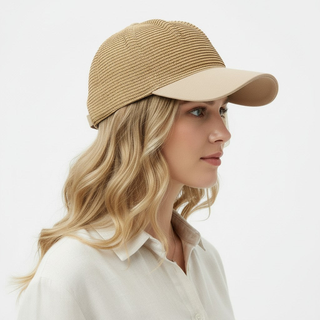 Women Straw Baseball Cap Woven Crown Fabric Brim Lightweight Breathable Summer Hat