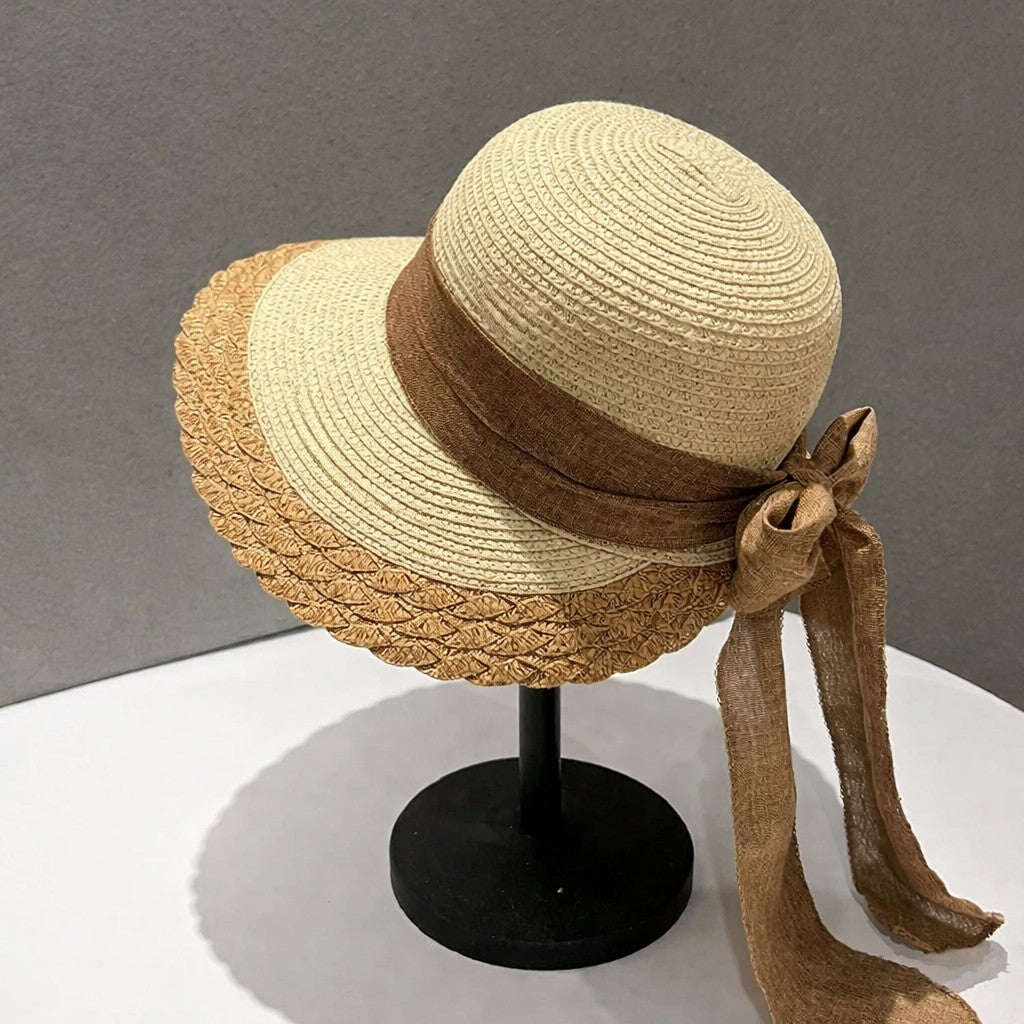 Women Straw Sun Hat Wide Brim Bow Ribbon Lightweight Woven Summer Beach Hat