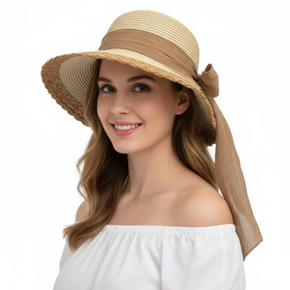 Women Straw Sun Hat Wide Brim Bow Ribbon Lightweight Woven Summer Beach Hat