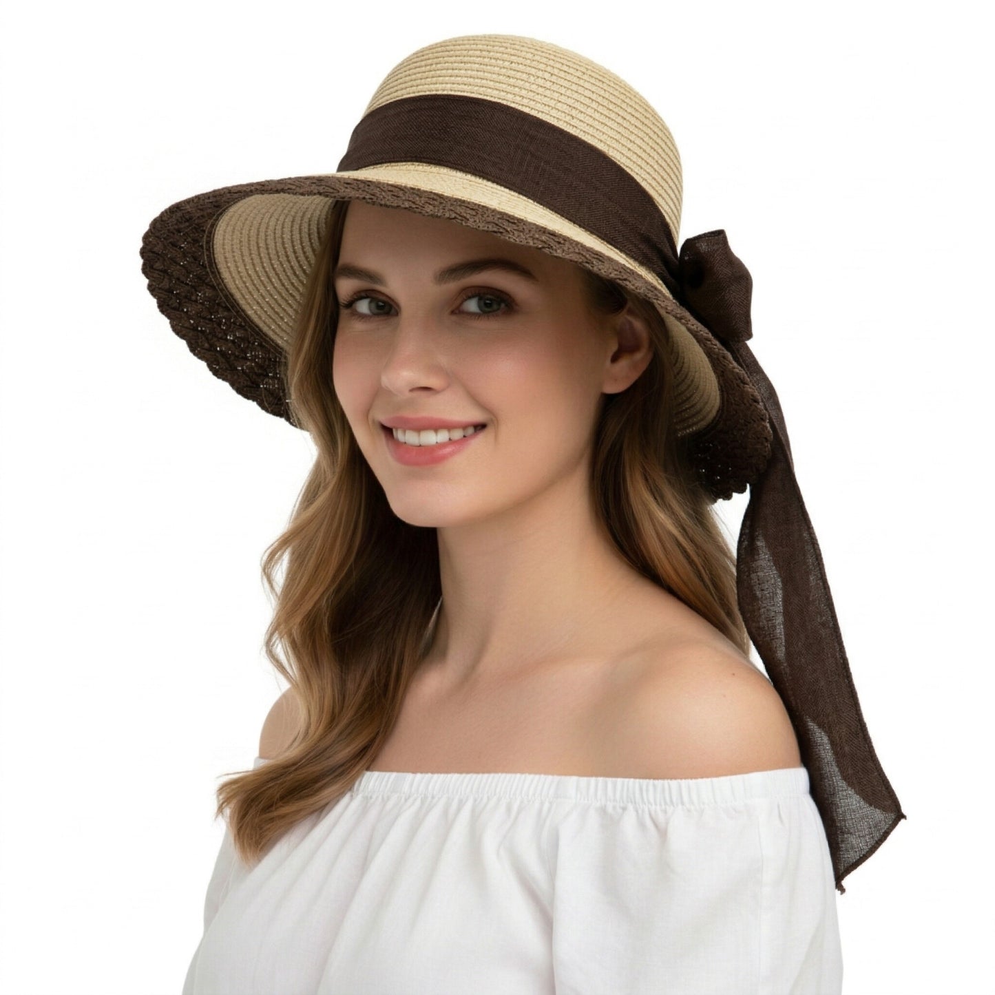 Women Straw Sun Hat Wide Brim Bow Ribbon Lightweight Woven Summer Beach Hat