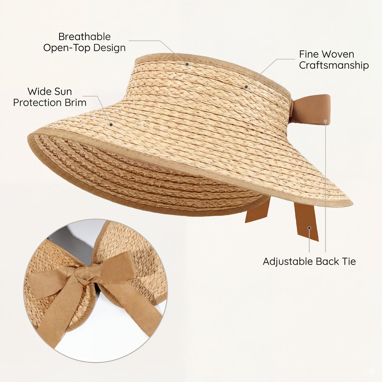 Women Straw Sun Visor Hat Wide Brim Open Top Adjustable Bow Lightweight Summer Hat