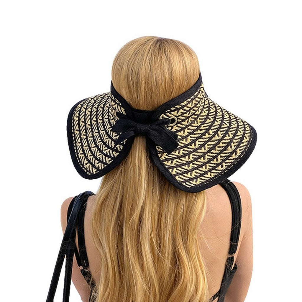 Women Straw Sun Visor Hat Wide Brim Contrast Trim Adjustable Bow Lightweight Summer Hat