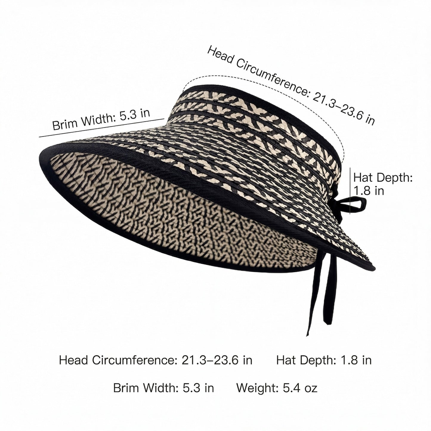 Women Straw Sun Visor Hat Wide Brim Contrast Trim Adjustable Bow Lightweight Summer Hat