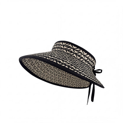 Women Straw Sun Visor Hat Wide Brim Contrast Trim Adjustable Bow Lightweight Summer Hat