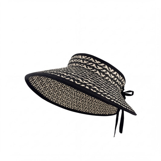 Women Straw Sun Visor Hat Wide Brim Contrast Trim Adjustable Bow Lightweight Summer Hat