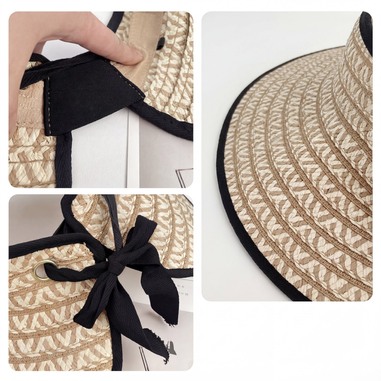 Women Straw Sun Visor Hat Wide Brim Contrast Trim Adjustable Bow Lightweight Summer Hat