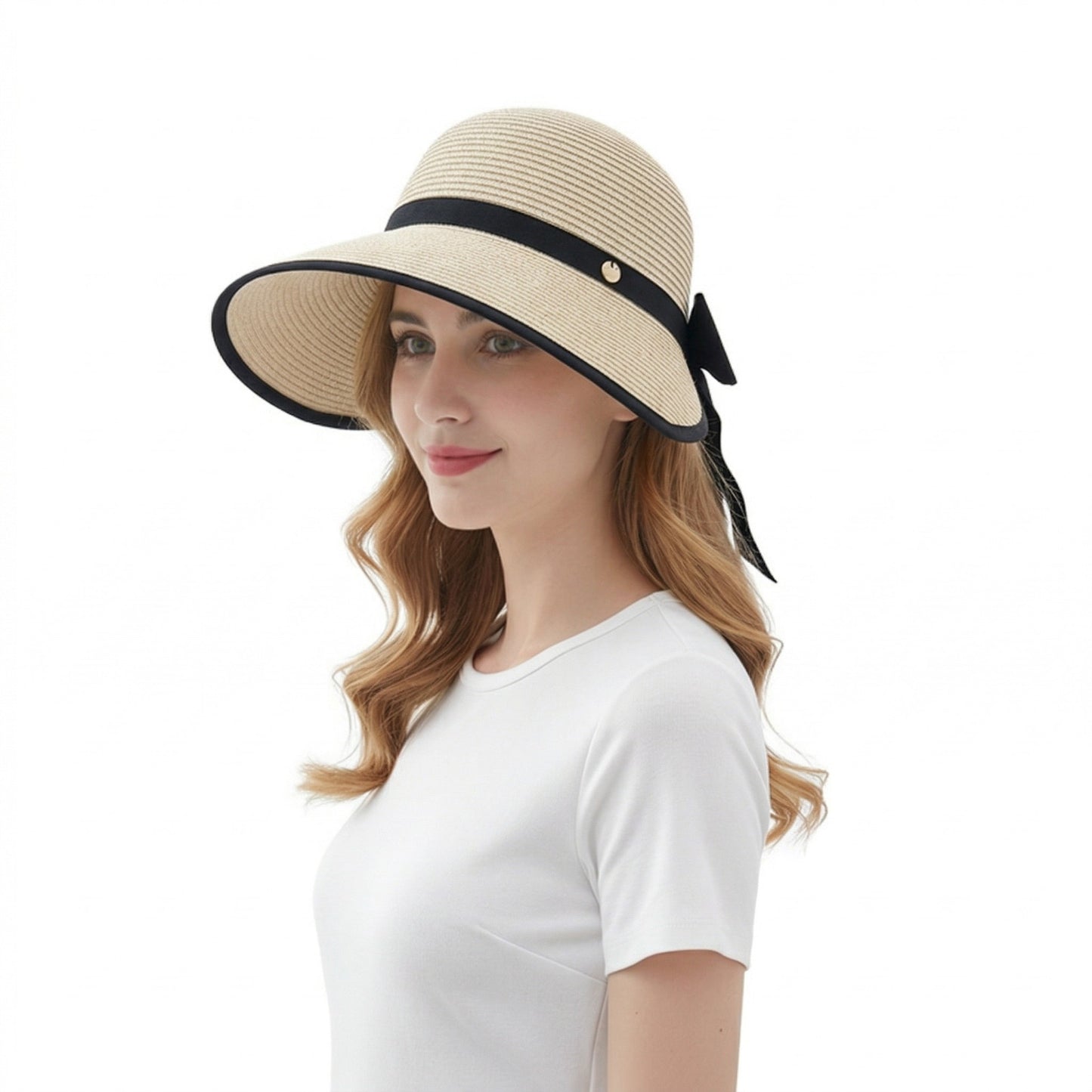 Women Straw Sun Visor Hat Wide Brim Bow Ribbon Contrast Trim Adjustable Summer Hat