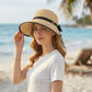 Women Straw Sun Visor Hat Wide Brim Bow Ribbon Contrast Trim Adjustable Summer Hat