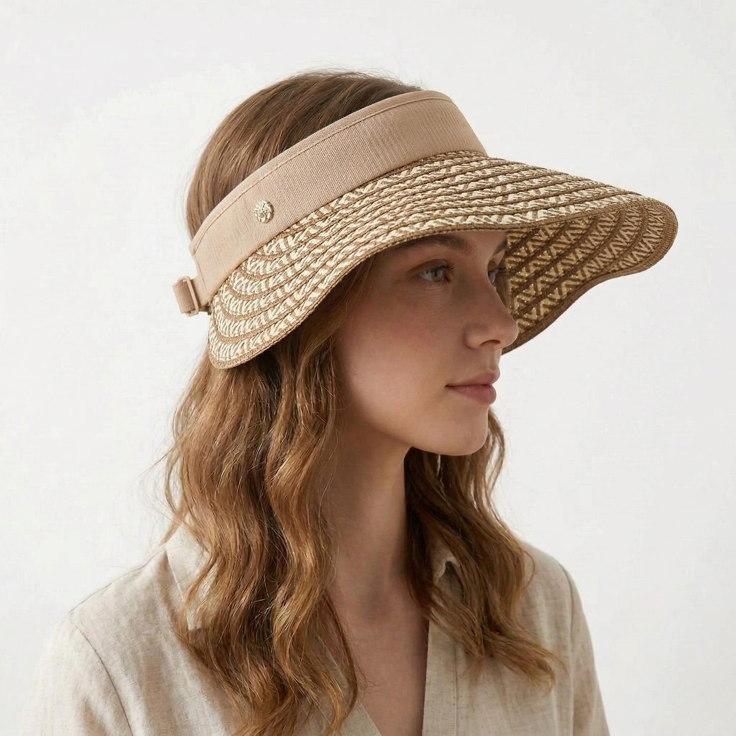 Women Straw Sun Visor Hat Wide Brim Woven Pattern Contrast Band Adjustable Summer Hat