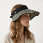 Women Straw Sun Visor Hat Wide Brim Woven Pattern Contrast Band Adjustable Summer Hat