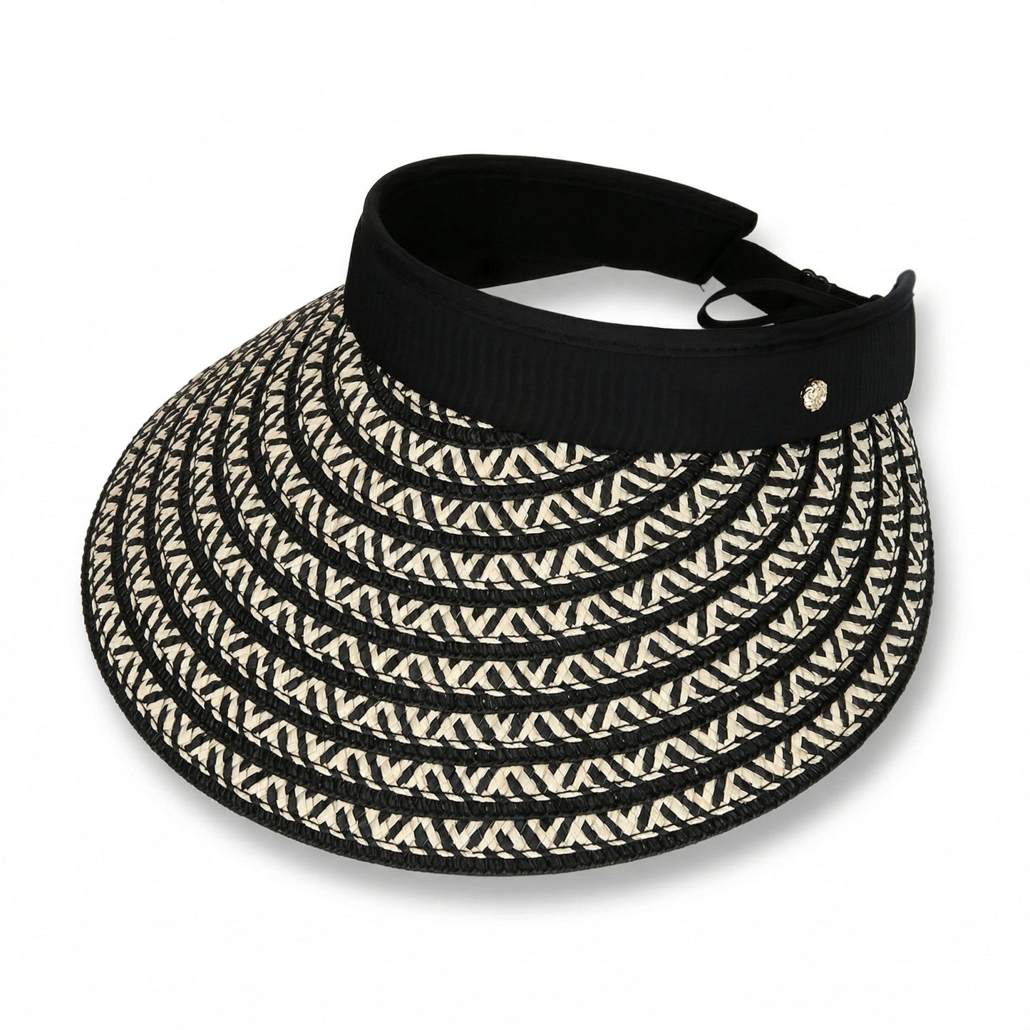 Women Straw Sun Visor Hat Wide Brim Woven Pattern Contrast Band Adjustable Summer Hat