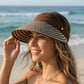 Women Straw Sun Visor Hat Wide Brim Woven Pattern Contrast Band Adjustable Summer Hat