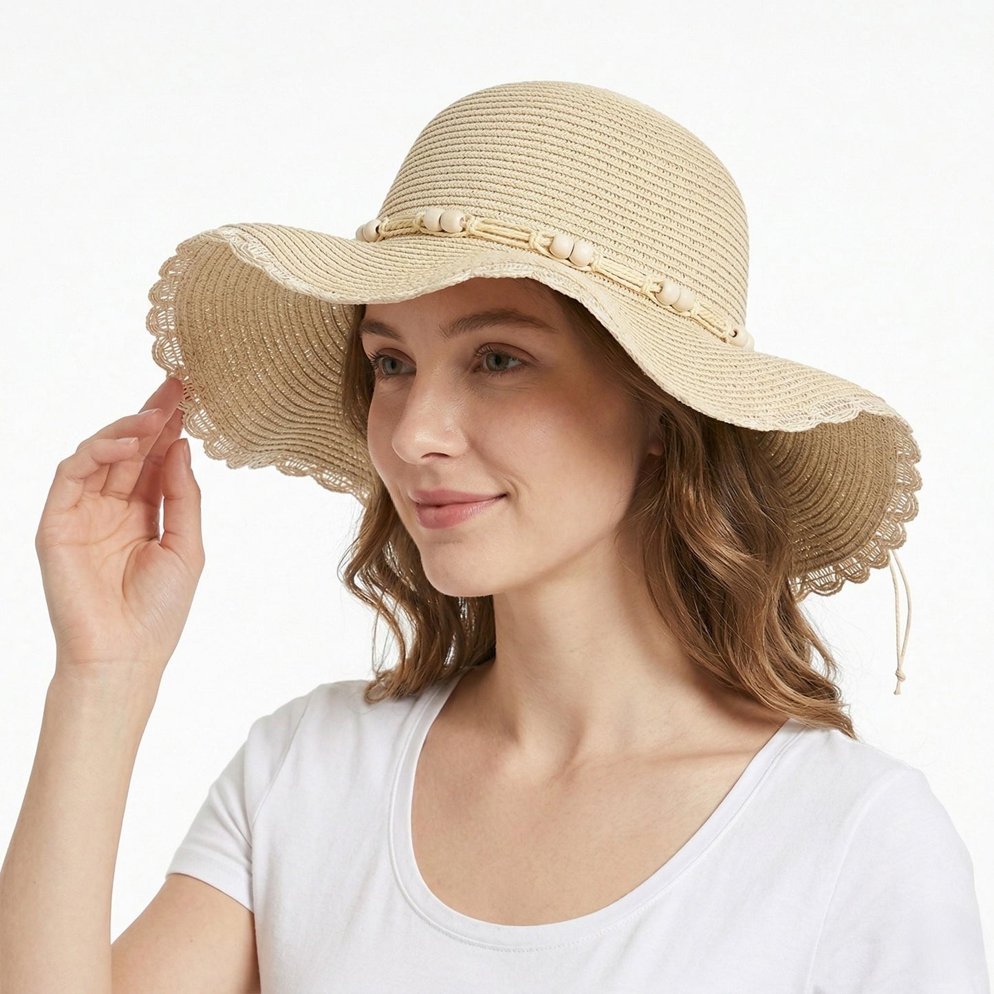 Women Straw Sun Hat Wide Brim Floppy Beach Hat Woven Scalloped Edge Adjustable Summer Hat