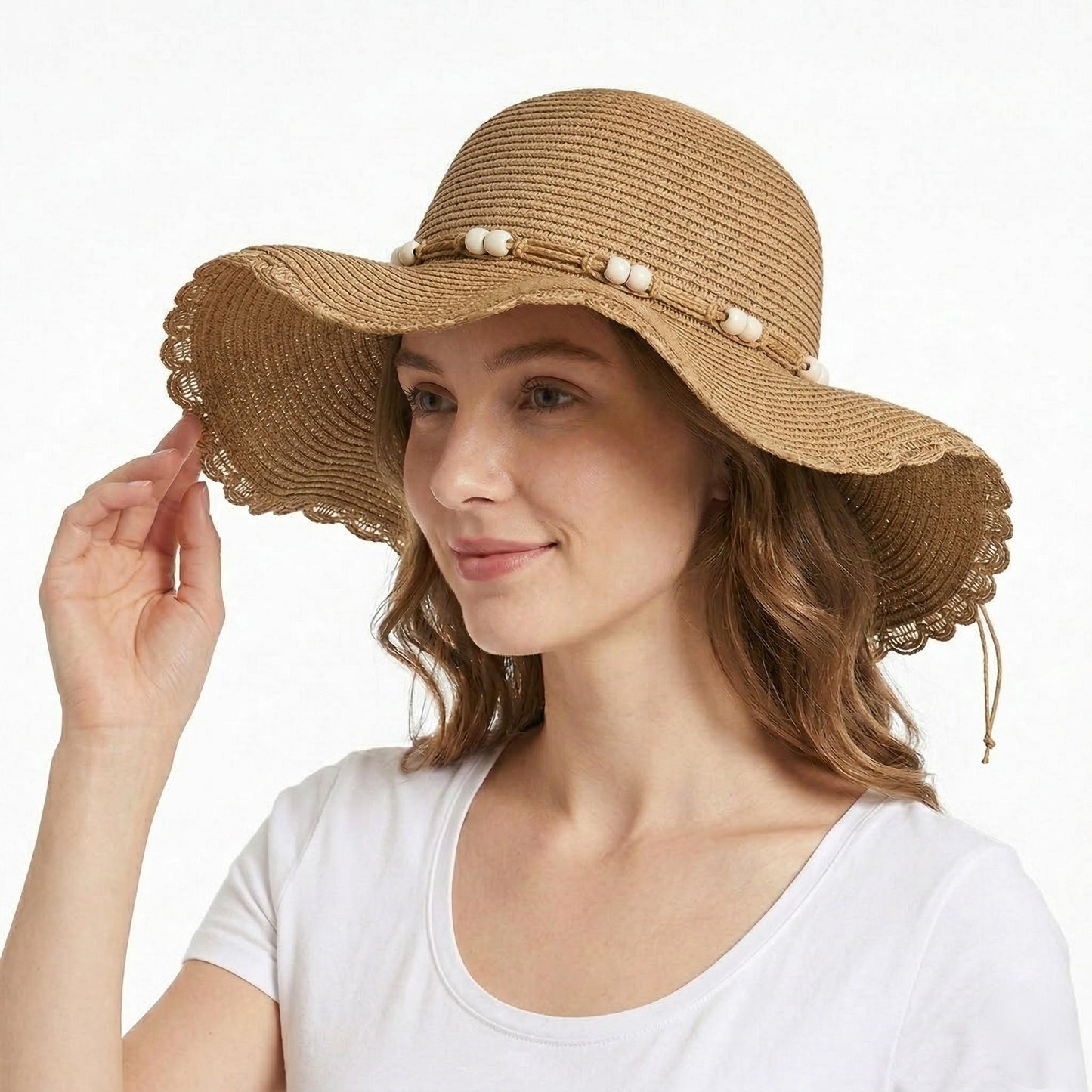 Women Straw Sun Hat Wide Brim Floppy Beach Hat Woven Scalloped Edge Adjustable Summer Hat