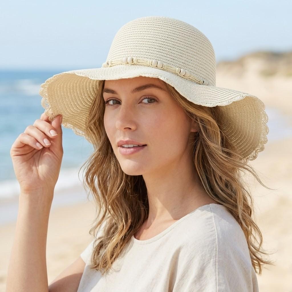 Women Straw Sun Hat Wide Brim Floppy Beach Hat Woven Scalloped Edge Adjustable Summer Hat