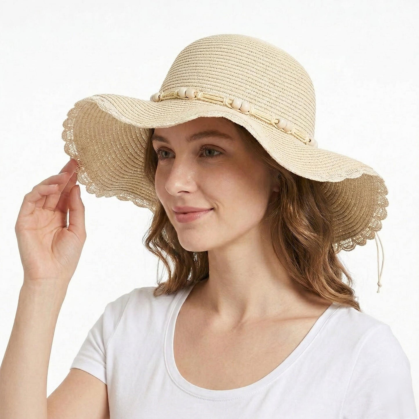 Women Straw Sun Hat Wide Brim Floppy Beach Hat Woven Scalloped Edge Adjustable Summer Hat
