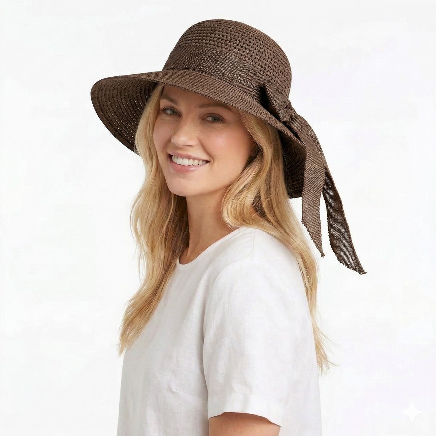 Women Straw Sun Hat Wide Brim Woven Beach Hat Bow Tie Detail Breathable Summer Hat