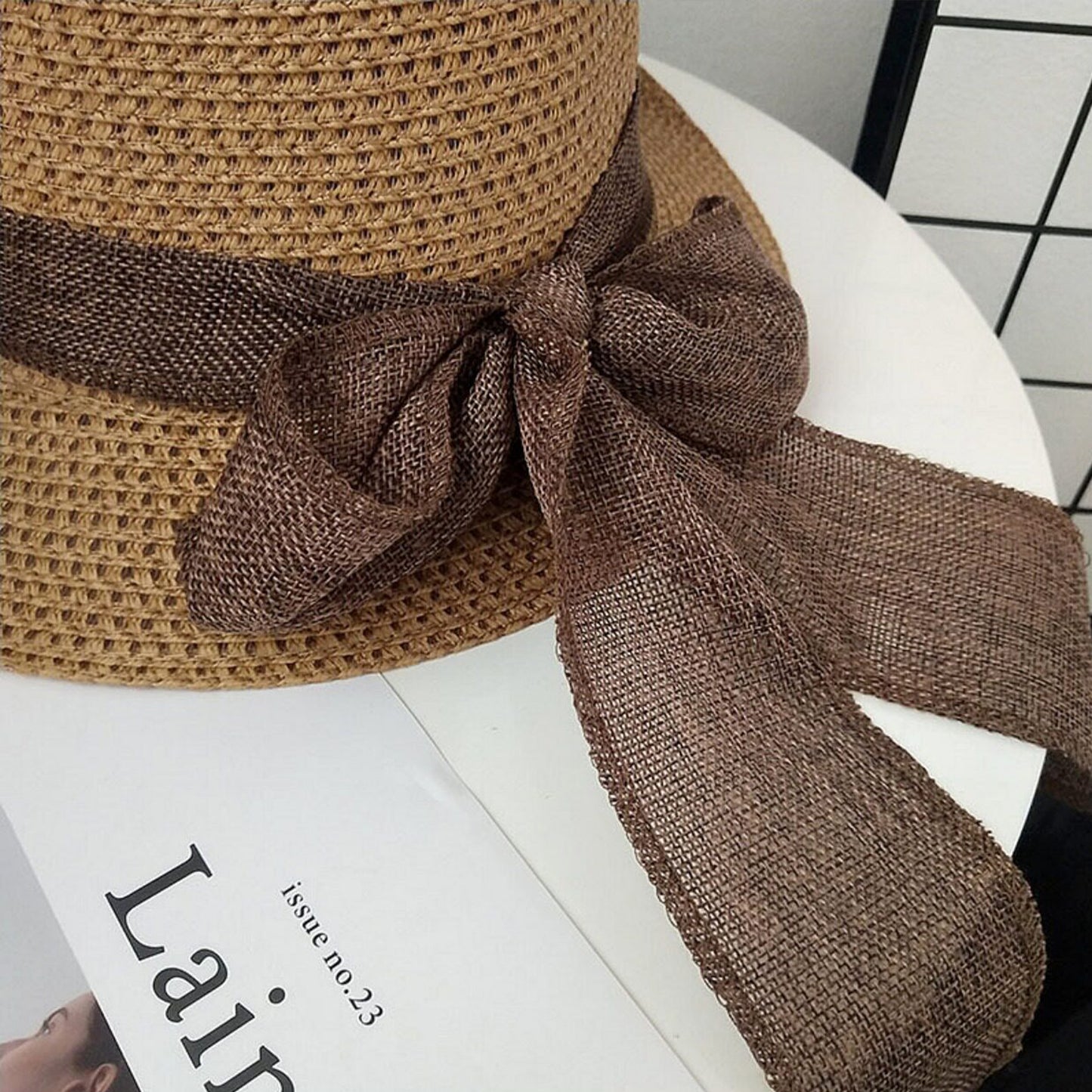 Women Straw Sun Hat Wide Brim Woven Beach Hat Bow Tie Detail Breathable Summer Hat