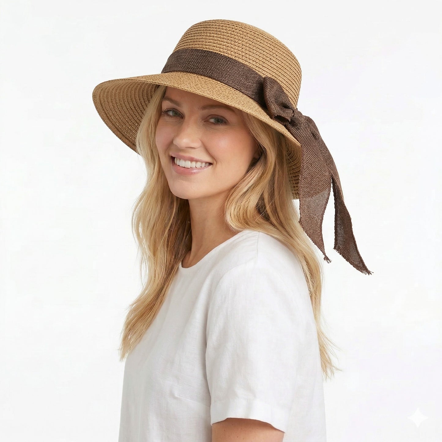 Women Straw Sun Hat Wide Brim Woven Beach Hat Bow Tie Detail Breathable Summer Hat