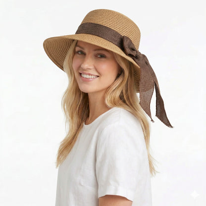 Women Straw Sun Hat Wide Brim Woven Beach Hat Bow Tie Detail Breathable Summer Hat