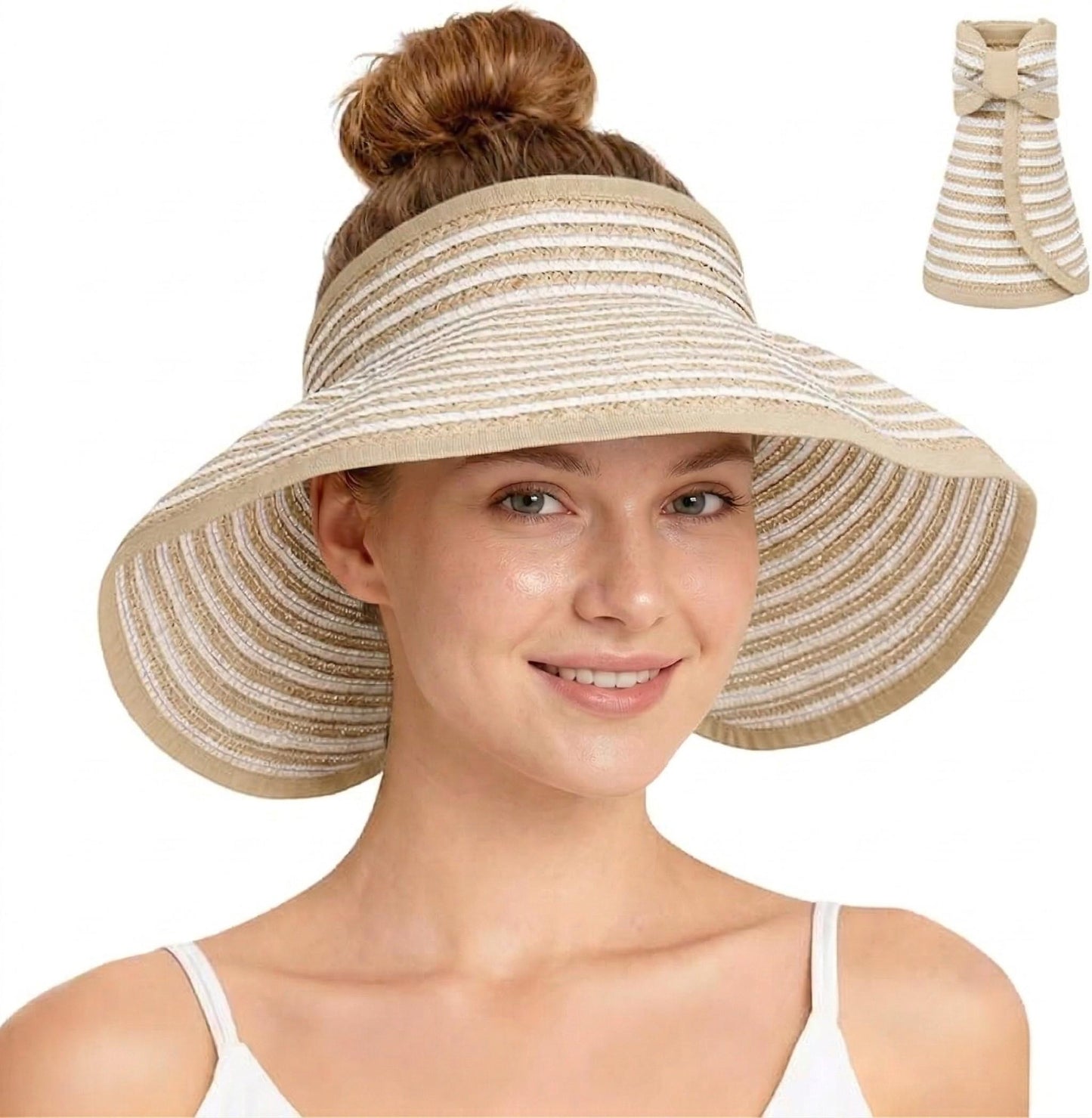 Roll-Up Straw Visor Hat Wide Brim Striped Sun Hat Bow Adjustable Open Top Beach Cap