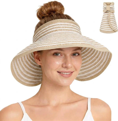 Roll-Up Straw Visor Hat Wide Brim Striped Sun Hat Bow Adjustable Open Top Beach Cap