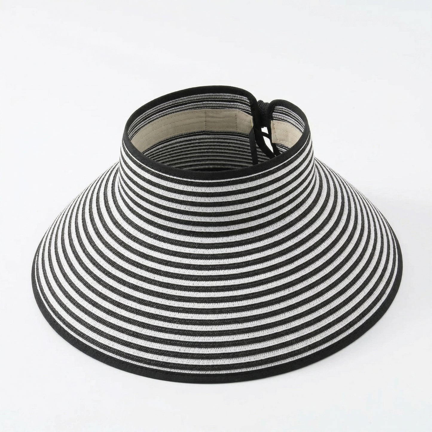 Roll-Up Straw Visor Hat Wide Brim Striped Sun Hat Bow Adjustable Open Top Beach Cap