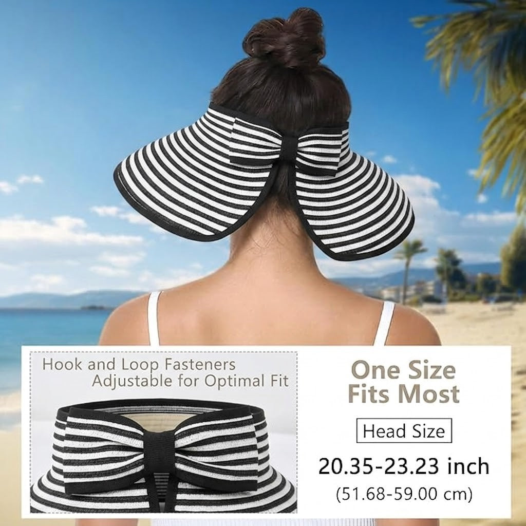 Roll-Up Straw Visor Hat Wide Brim Striped Sun Hat Bow Adjustable Open Top Beach Cap