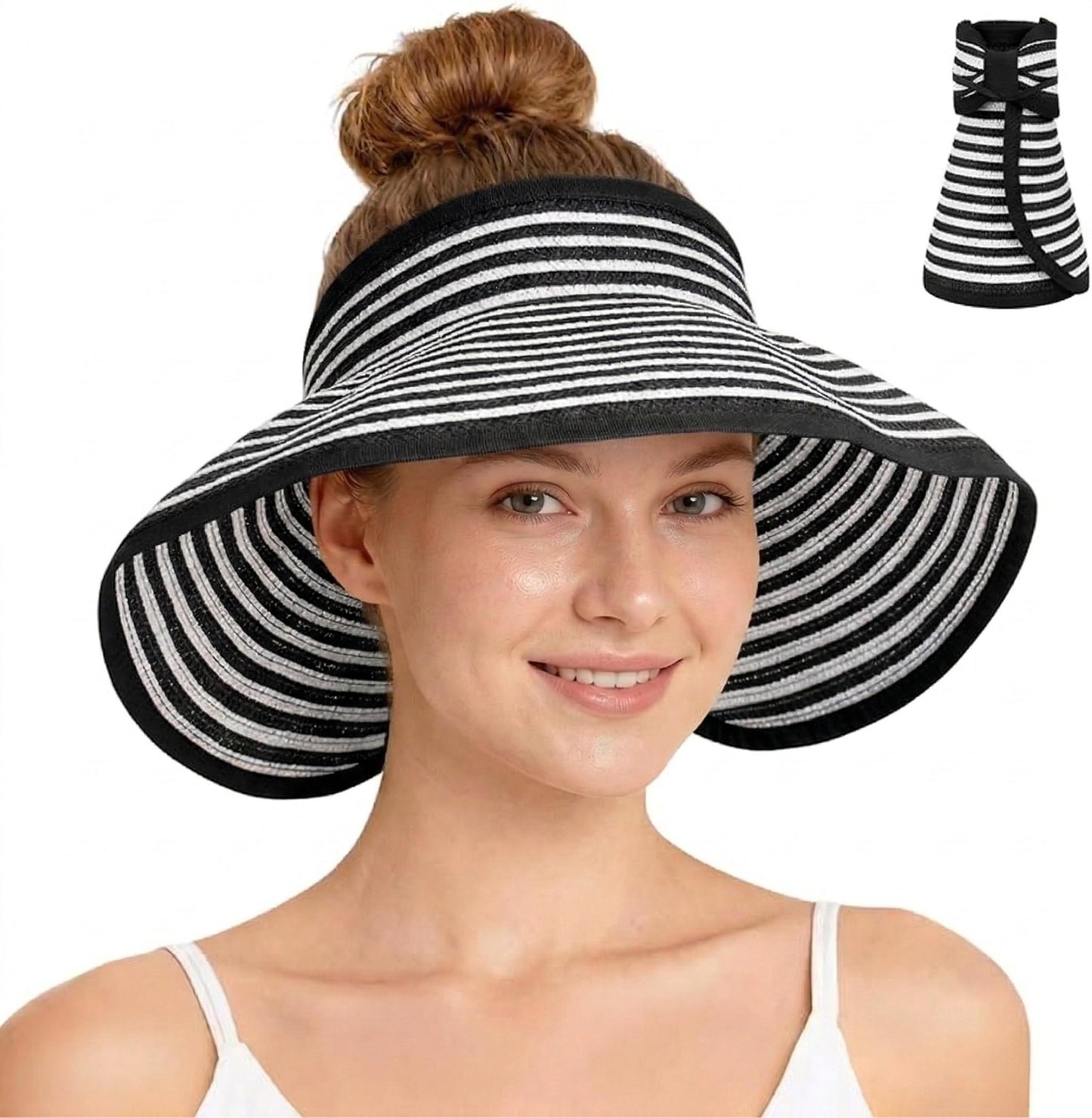 Roll-Up Straw Visor Hat Wide Brim Striped Sun Hat Bow Adjustable Open Top Beach Cap