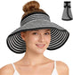 Roll-Up Straw Visor Hat Wide Brim Striped Sun Hat Bow Adjustable Open Top Beach Cap