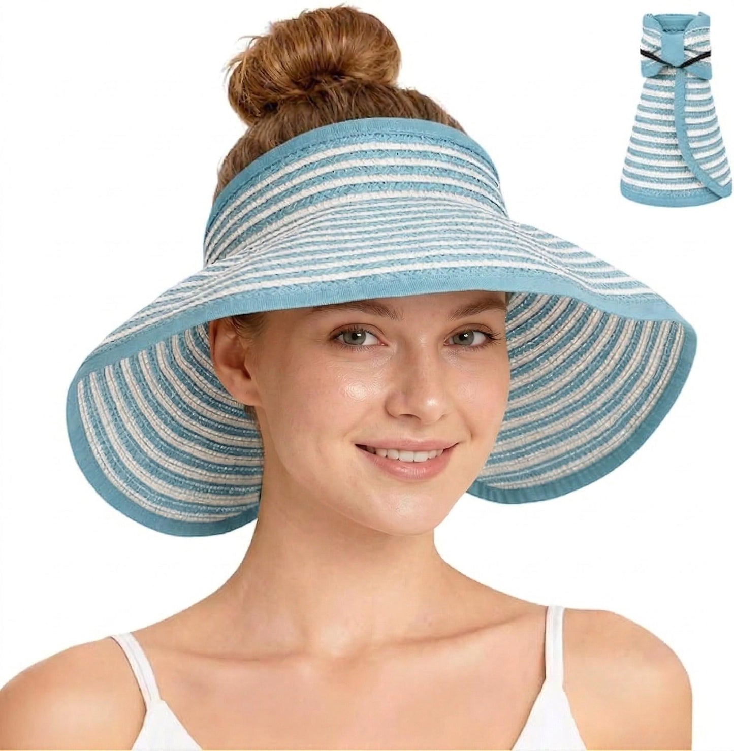 Roll-Up Straw Visor Hat Wide Brim Striped Sun Hat Bow Adjustable Open Top Beach Cap