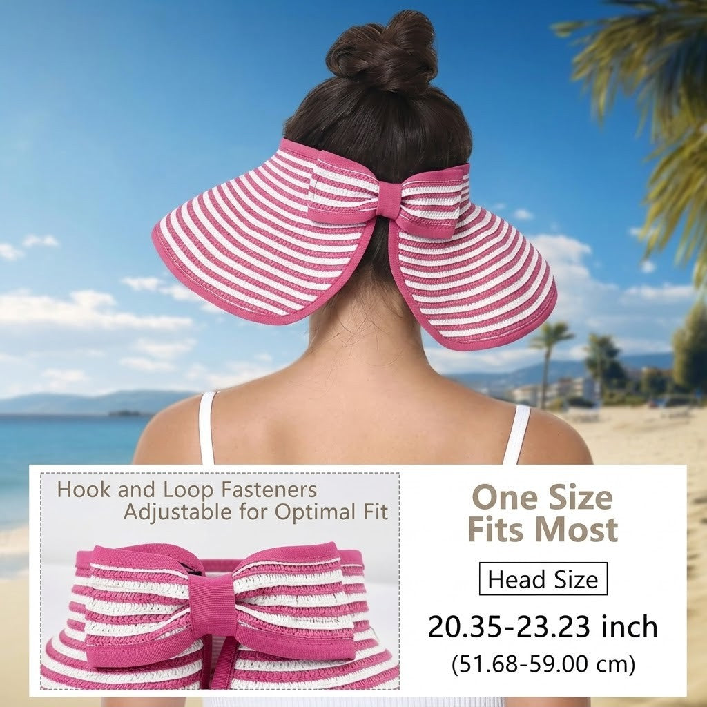 Roll-Up Straw Visor Hat Wide Brim Striped Sun Hat Bow Adjustable Open Top Beach Cap