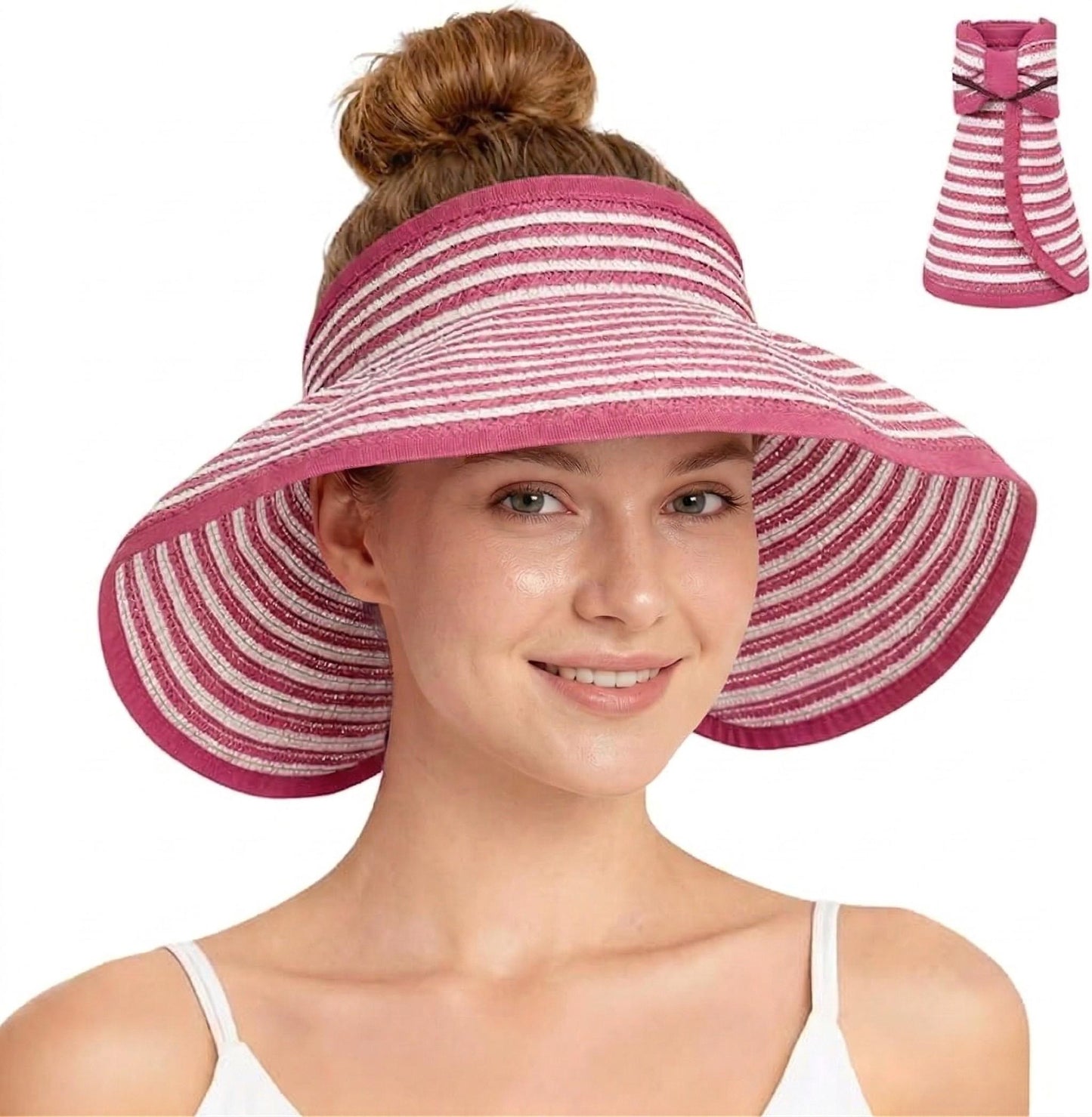 Roll-Up Straw Visor Hat Wide Brim Striped Sun Hat Bow Adjustable Open Top Beach Cap