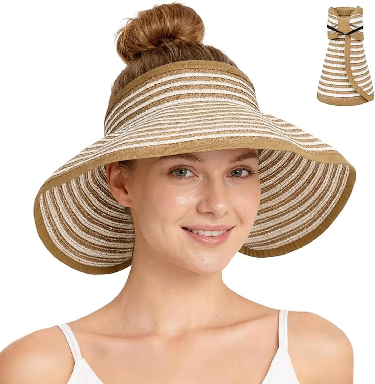 Roll-Up Straw Visor Hat Wide Brim Striped Sun Hat Bow Adjustable Open Top Beach Cap