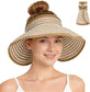 Roll-Up Straw Visor Hat Wide Brim Striped Sun Hat Bow Adjustable Open Top Beach Cap