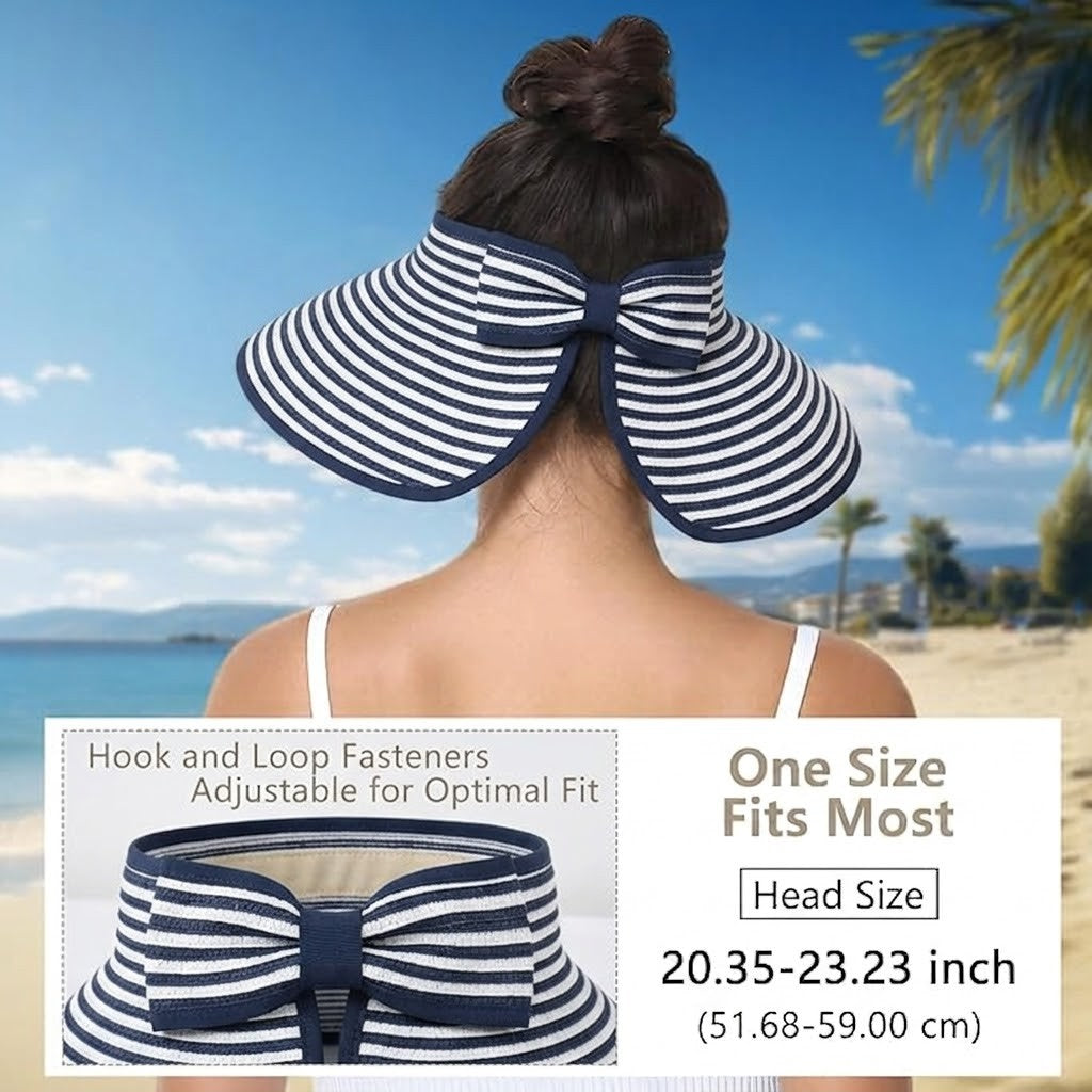 Roll-Up Straw Visor Hat Wide Brim Striped Sun Hat Bow Adjustable Open Top Beach Cap
