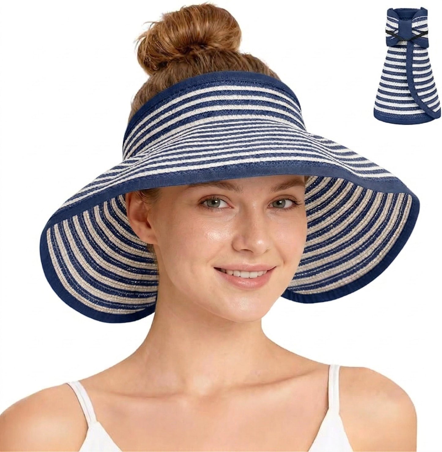 Roll-Up Straw Visor Hat Wide Brim Striped Sun Hat Bow Adjustable Open Top Beach Cap