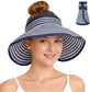 Roll-Up Straw Visor Hat Wide Brim Striped Sun Hat Bow Adjustable Open Top Beach Cap