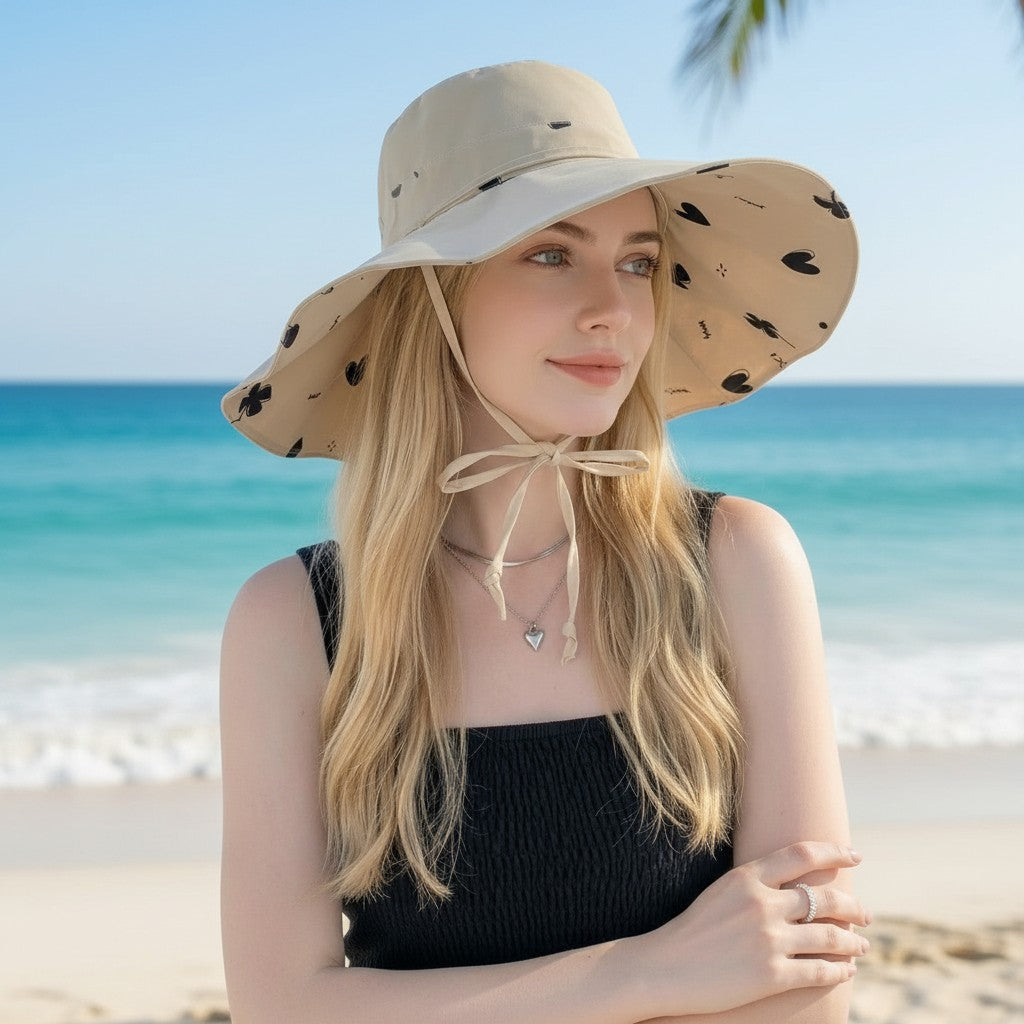 Reversible Bucket Hat Wide Brim Sun Hat Floral Print Adjustable Chin Strap Outdoor Beach Hat