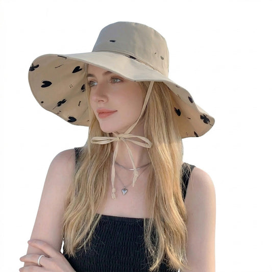 Reversible Bucket Hat Wide Brim Sun Hat Floral Print Adjustable Chin Strap Outdoor Beach Hat