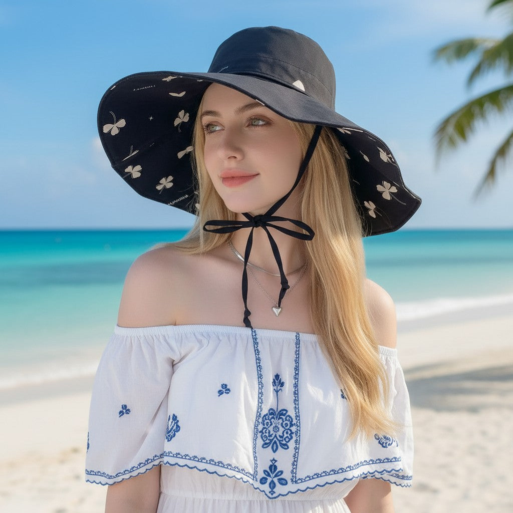 Reversible Bucket Hat Wide Brim Sun Hat Floral Print Adjustable Chin Strap Outdoor Beach Hat