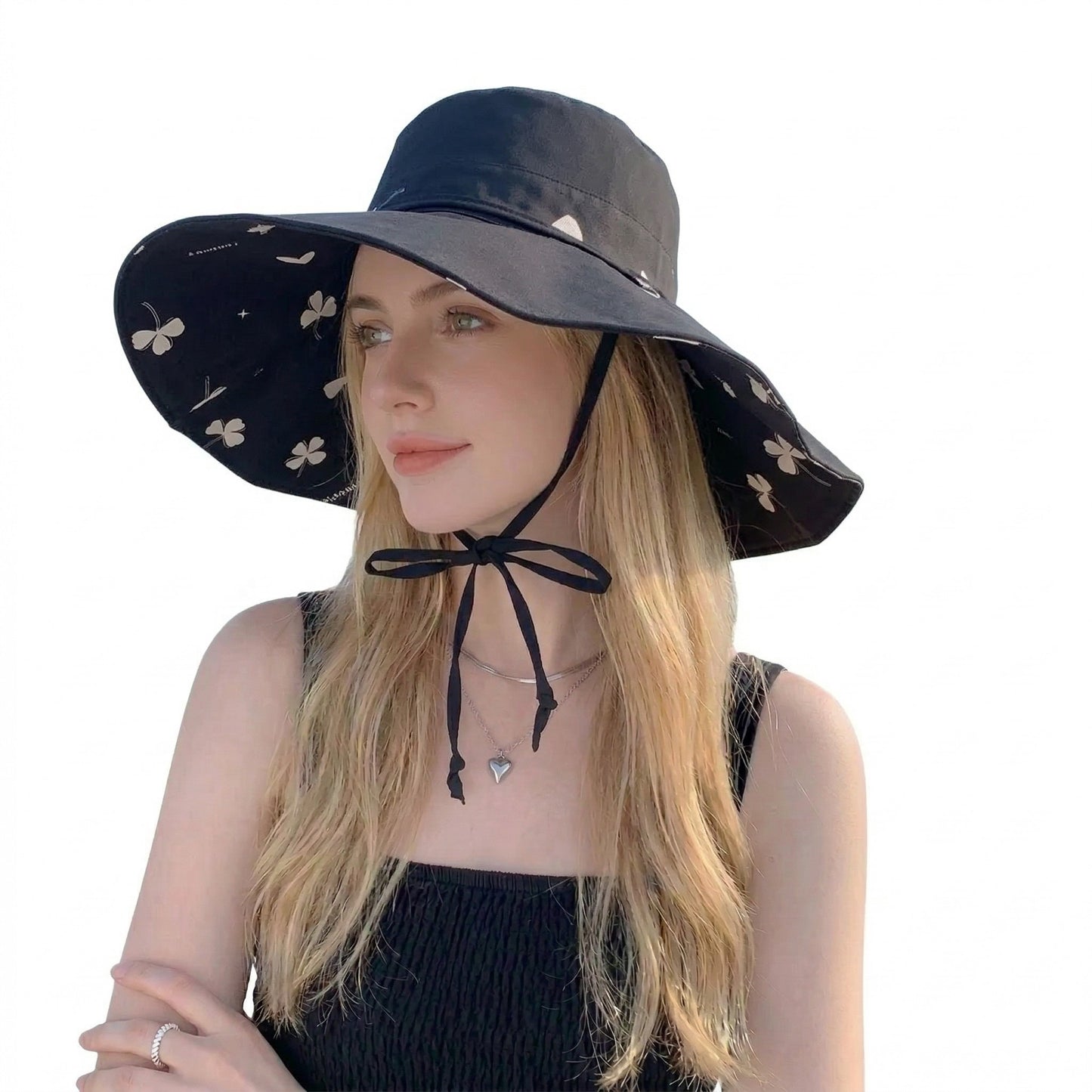 Reversible Bucket Hat Wide Brim Sun Hat Floral Print Adjustable Chin Strap Outdoor Beach Hat