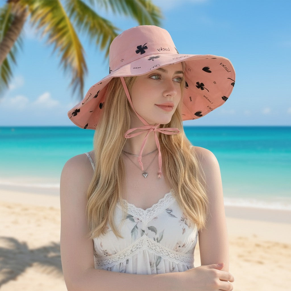 Reversible Bucket Hat Wide Brim Sun Hat Floral Print Adjustable Chin Strap Outdoor Beach Hat