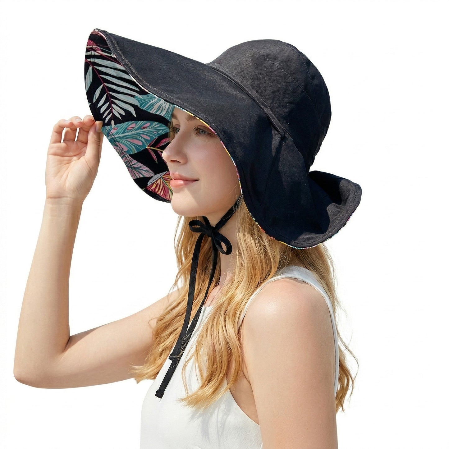 Reversible Wide Brim Sun Hat UV Protection Floral Print Beach Outdoor Bucket Hat