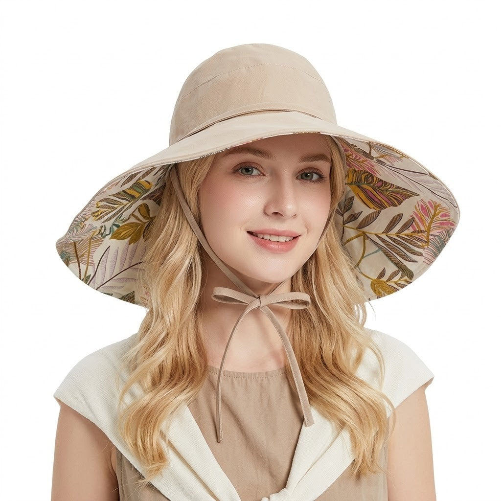 Reversible Wide Brim Sun Hat UV Protection Floral Print Beach Outdoor Bucket Hat