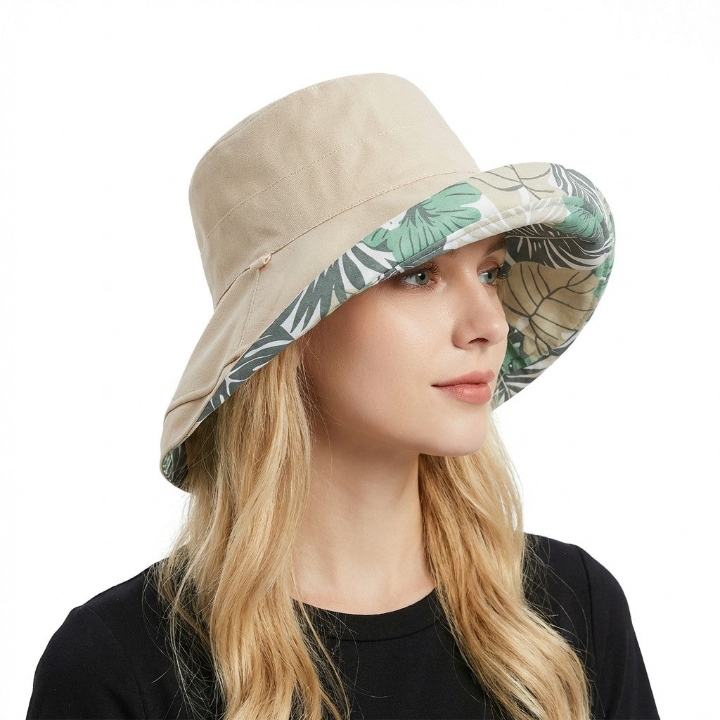 Reversible Floral Bucket Hat Wide Brim Sun Hat UV Protection Beach Travel Cap