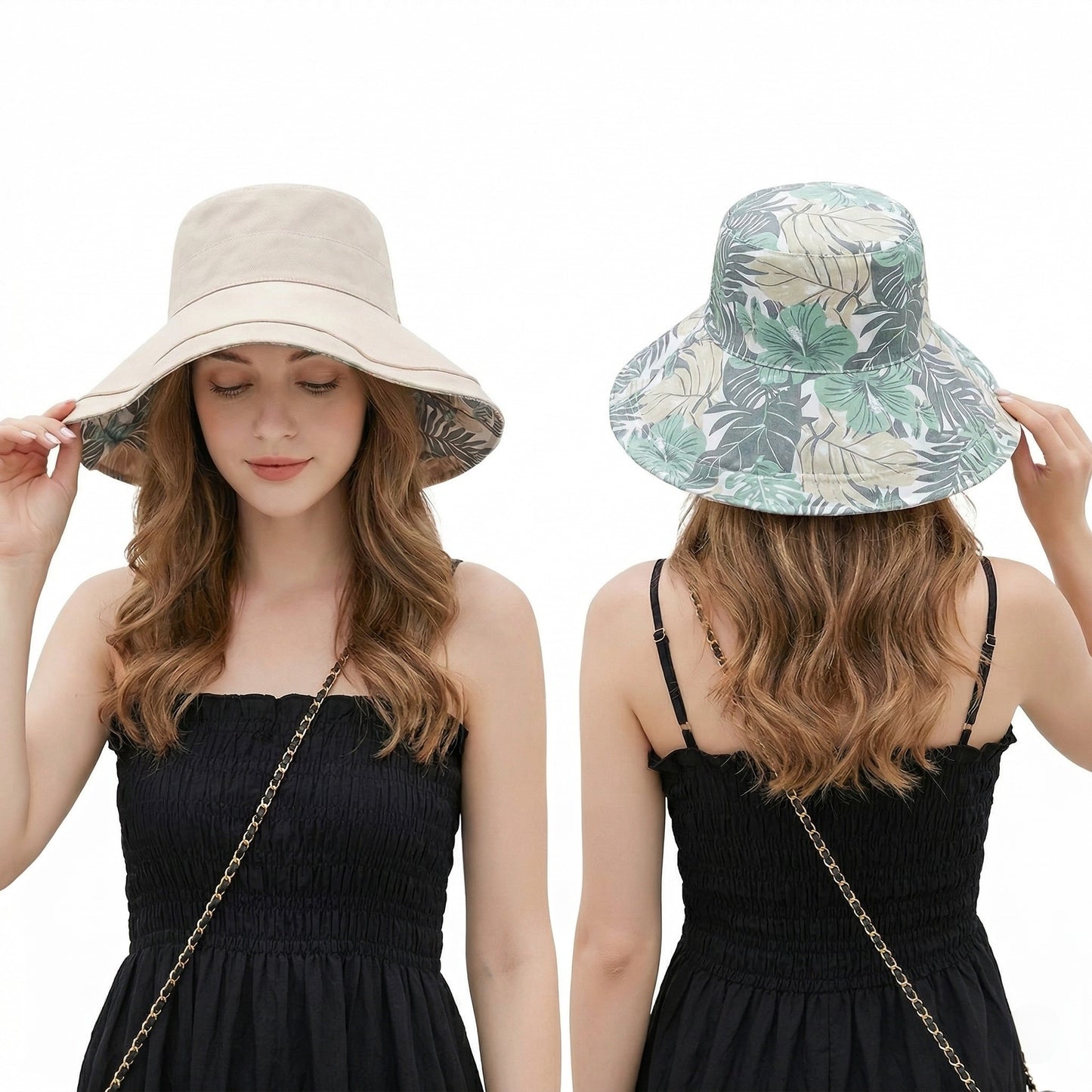 Reversible Floral Bucket Hat Wide Brim Sun Hat UV Protection Beach Travel Cap